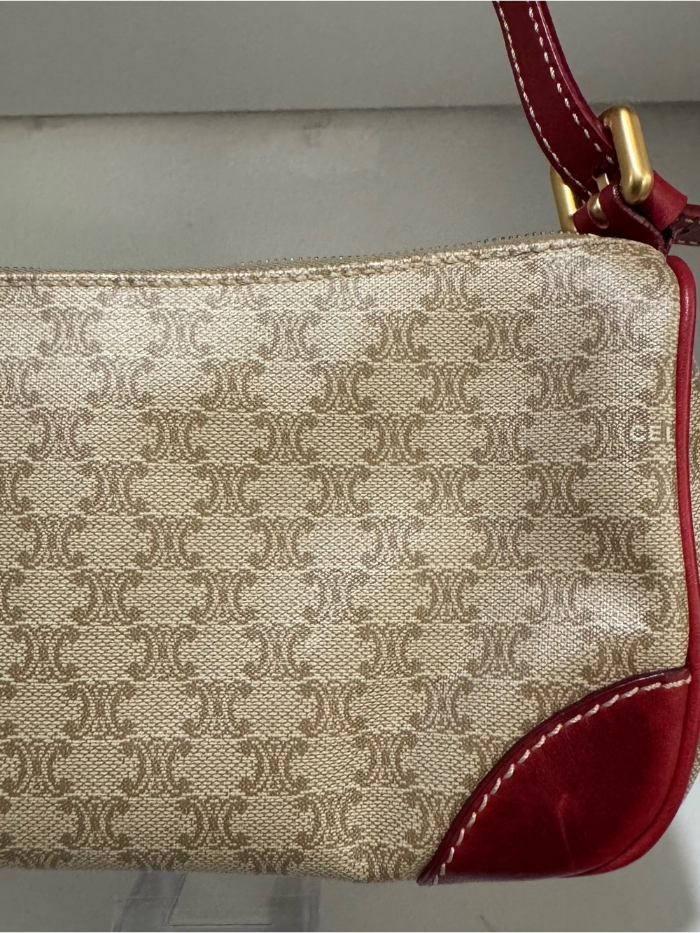Celine Beige Monogram Canvas Shoulder Bag with Red Trim - Picture 5 of 10
